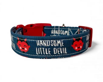 Funny handmade dog collar “Handsome little Devil”: Washable Side release fabric adjustable collar