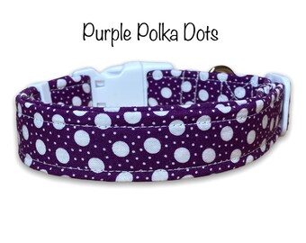 Purple polka dot dog collar, fabric dog collar, girl dog collar, female, cat collar, washable collar, adjustable, purple, white, polka dot