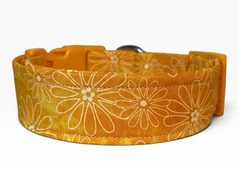 Daisy on yellow handmade Dog Collar: washable fabric side release pet collar, webbing core, customizable hardware color