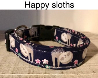 Sloth dog collar, happy sloth, funny dog collar, adjustable collar, side release collar, washable, blue, gray, fabric collar, sloth baby