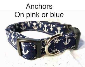 Anchor dog collar, boy dog collar, girl dog collar, sailor, anchors, side release, adjustable dog collar, washable, blue, pink, eco friendly