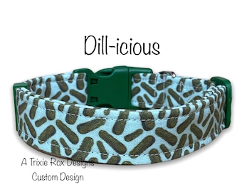 Pickle dog collar, funny dog collar, food dog collar, pickle lover, green, blue, cat collar, adjustable, washable, funny cat collar, pickles