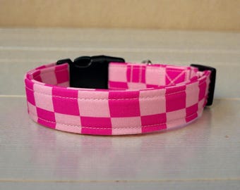 Retro Checkered Pink Handmade Dog Collar: Adjustable side release, washable fabric, webbing core, customizable hardware