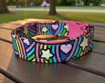 Rainbow Stars and Hearts Handmade Dog Collar, adjustable side release, washable cotton fabric, webbing core, customizable hardware color