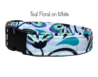 Floral dog collar, side release dog collar, adjustable collar, washable collar, fabric dog collar, teal, lavender, black, white, flowers