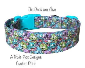 Zombie dog collar, funny dog collar, adjustable collar, side release collar, washable, cat collar, fabric dog collar, green, blue, purple