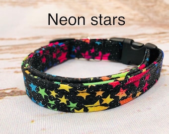 Neon Stars Dog Collar: Handmade Adjustable Buckle Collar, handmade funny dog collars, side release, washable 