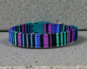 Purple, teal and blue Striped Handmade dog collar: Washable fabric, adjustable side release, webbing core, customizable hardware, dog collar