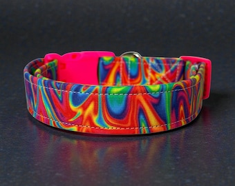 Neon Rainbow psychedelic Handmade dog collar: Washable fabric, adjustable side release, webbing core, customizable hardware, Wide dog collar