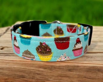 Cupcake dog collar, handmade fabric dog collar, side release adjustable dog collar, funny dog collars, washable collar, gifts for dogs