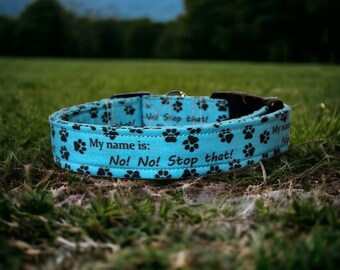 My name is no dog collar, funny dog collar, handmade, side release dog collar, adjustable, washable, pet collar, fabric dog collar, blue