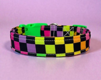 Rainbow 90s retro Checkered Print handmade Dog Collar: adjustable side release,  Washable cotton Fabric, webbing core, customizable hardware