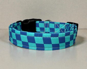 Retro Checkered Blue Handmade Dog Collar: Adjustable side release, washable fabric, webbing core, customizable hardware