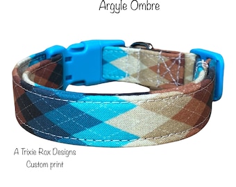 Argyle dog collar, dad plaid, adjustable collar, washable collar, side release collar, fabric dog collar, cat collar, brown, blue, plaid