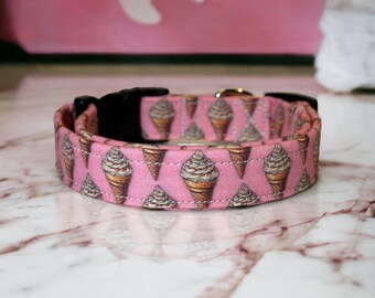 Ice Cream Dog Collar, Pink Cotton Fabric with Adjustable Side-Release Buckle