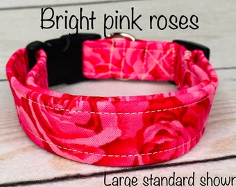 Pink roses dog collar, girl dog collar, bright pink, side release collar, adjustable, washable, fabric dog collar, floral dog collar, pink
