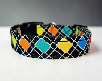 Rainbow Geometric on Black handmade dog collar, adjustable side release, washable cotton fabric, webbing core, customizable hardware color