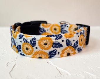 Marigold Handmade floral dog collar, adjustable side release, washable cotton fabric, webbing core, customizable hardware color