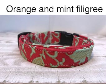 Mint green dog collar, orange dog collar, girl dog collar, side release, adjustable collar, washable dog collar, fabric dog collar, floral
