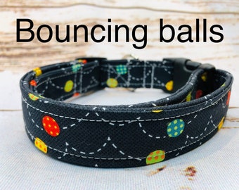 Ball dog collar, boy dog collar, handmade dog collar, side release dog collar, adjustable dog collar, blue bouncing balls, washable collar