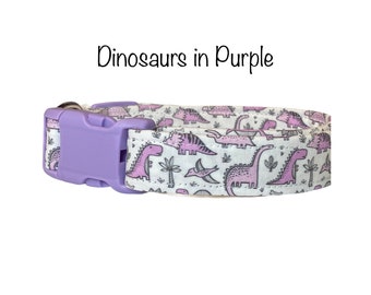 Dinosaur dog collar, dog collar, dinosaurs, dinos, purple dinosaur, funny dog collar, adjustable, washable, eco friendly collar, lavender