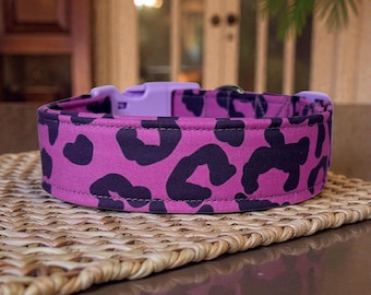 Purple Leopard Print Handmade dog collar,  Washable fabric, adjustable side release, webbing core, customizable hardware, wide dog collar