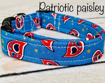 Handmade Patriotic Paisley Dog Collar: Adjustable Cotton Blend, handmade funny dog collars, side release, washable 