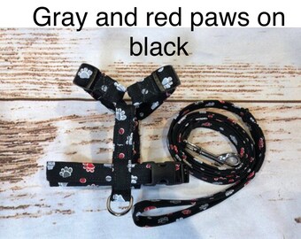 Dog harness, Harness and leash, step in harness, standard harness, dog leash, dog harness set, paw prints, black harness, paws on black
