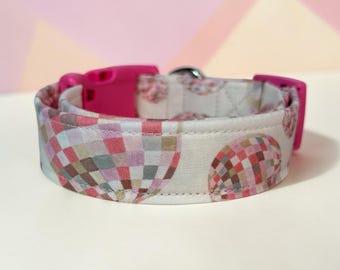 Disco Ball funny handmade dog collar, adjustable side release, washable cotton fabric, webbing core, customizable hardware color