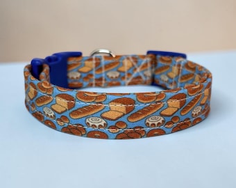 Bread Funny Food handmade dog collar, adjustable side release, washable cotton fabric, webbing core, customizable hardware color
