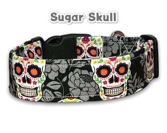 Sugar skull dog collar, dog collar, day of the dead, wide dog collar, sugar skull collar, adjustable washable collar, fabric dog collar