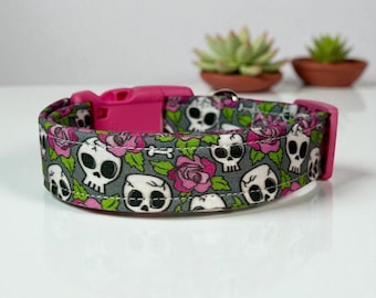 Handmade Skulls and Roses Dog Collar, Washable Fabric, Adjustable, handmade floral side release dog collar