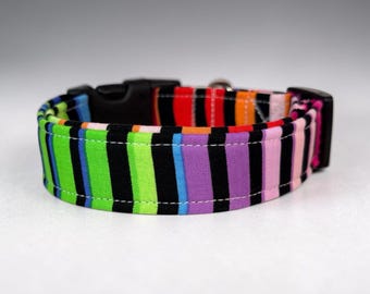 Rainbow Stripes funny handmade dog collar, adjustable side release, washable cotton fabric, webbing core, customizable hardware color