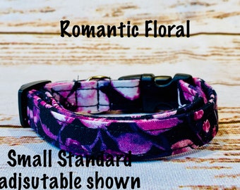 Floral dog collar, fuchsia pink floral, adjustable collar, washable collar, side release collar, eco friendly, black, pink, pink flowers