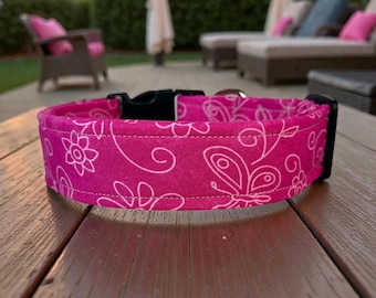 Pink Butterfly & Floral Handmade dog collar: Washable fabric, adjustable side release, webbing core, customizable hardware, wide dog collar