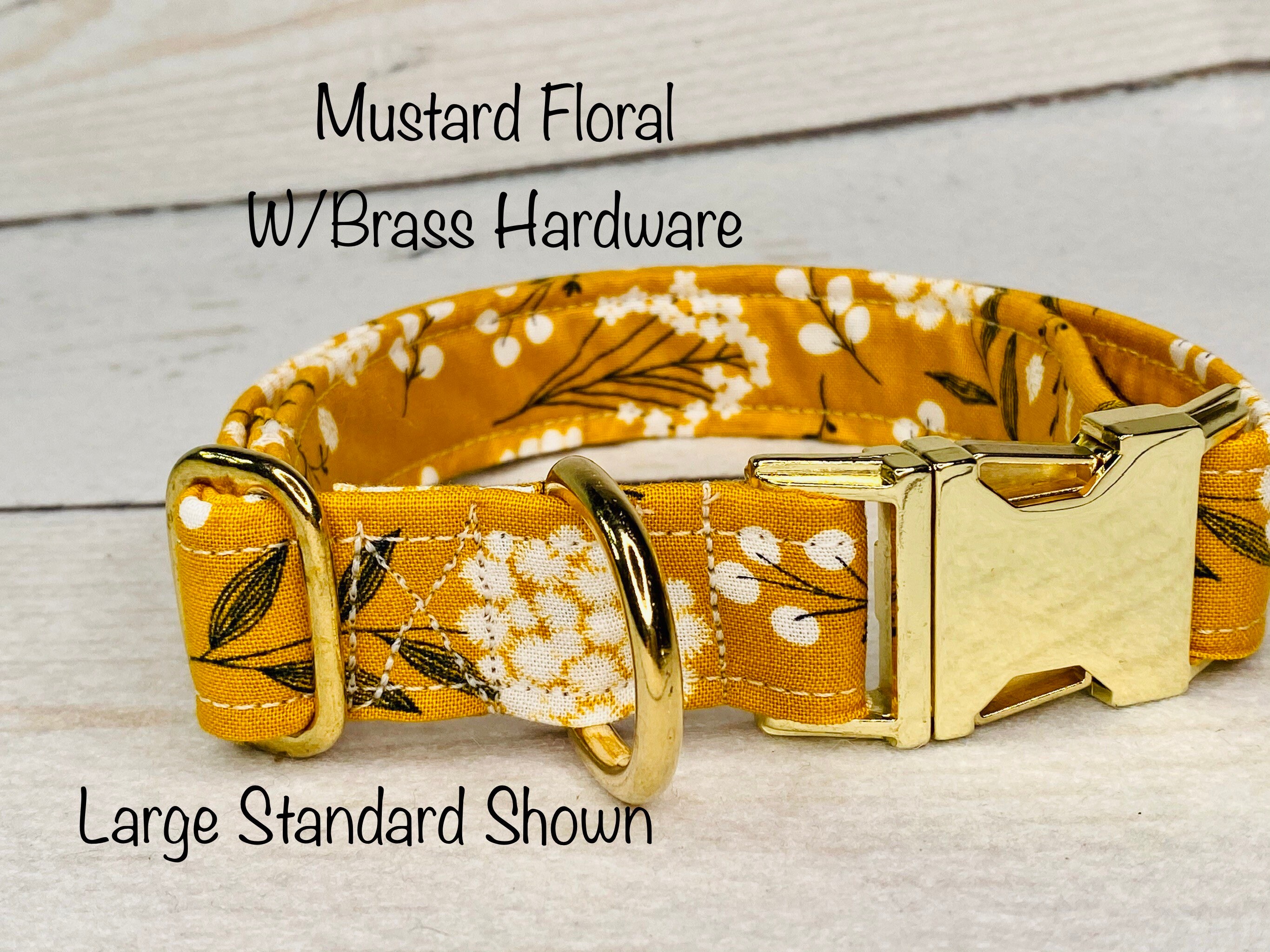 Mustard yellow floral dog collar, with brass hardware, mustard floral