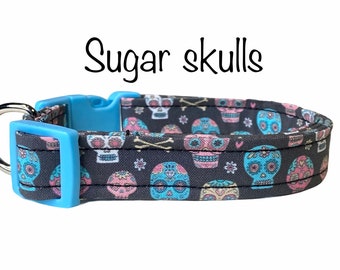 Dog collar, skull dog collar, sugar skull dog collar, fabric dog collar, day of the dead dog collar, custom dog collar, colored buckles