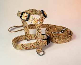 Fall Leaves and vines handmade dog harness and leash set, standard roman or step in, matching leash optional, washable fabric, webbing core