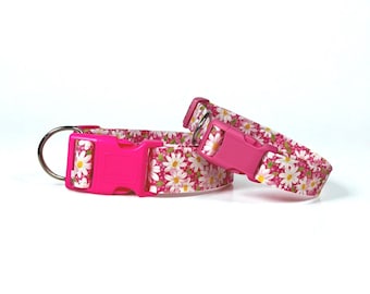 Pink Daisy Handmade Dog Collar: Adjustable, Washable Fabric Side release Collar