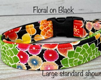 Dog Collar, girl dog collar, martingale collar, adjustable collar, buckle dog collar, floral, floral dog collar, black, flowers, female dog