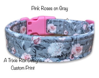 Pink rose dog collar, gray dog collar, floral dog collar, beautiful dog collar, pink, gray, roses, adjustable, washable, eco friendly collar