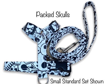 Skull dog harness and leash set, step in dog harness, standard Roman dog harness, white, black, adjustable dog harness, fabric dog harness