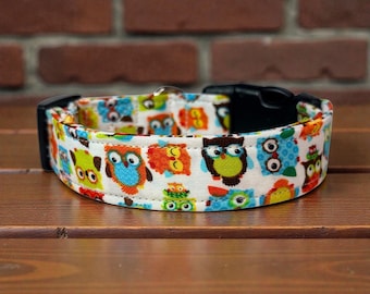 Owl handmade dog collar, adjustable side release, washable cotton fabric, webbing core, customizable hardware, gifts for pets