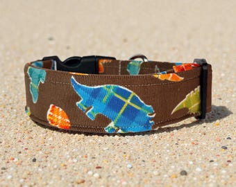 Plaid Dinosaurs on corduroy handmade dog collar, adjustable side release, washable cotton fabric, webbing core, customizable hardware color