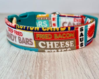 Fair Foods Handmade funny food dog collar, adjustable side release, washable cotton fabric, webbing core, customizable hardware color