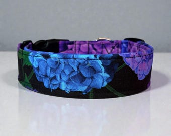 Hydrangeas Handmade floral dog collar: Washable fabric, adjustable side release, webbing core, customizable hardware, wide dog collar