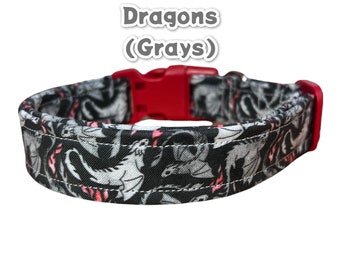 Dragon dog collar, dog collar boy, dog collar girl, side release adjustable dog collar, washable fabric dog collar, gray dragon dog collar