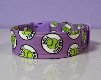 Funny handmade dog collar “Ball Chaser”: Washable fabric, adjustable side release, webbing core, customizable hardware, wide dog collar