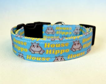 House Hippo Funny handmade dog collar, adjustable side release, washable cotton fabric, webbing core, customizable hardware