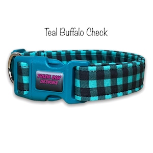 Buffalo check dog collar, teal and black buffalo check, buffalo plaid, plaid dog collar, washable, adjustable, fabric dog collar, teal